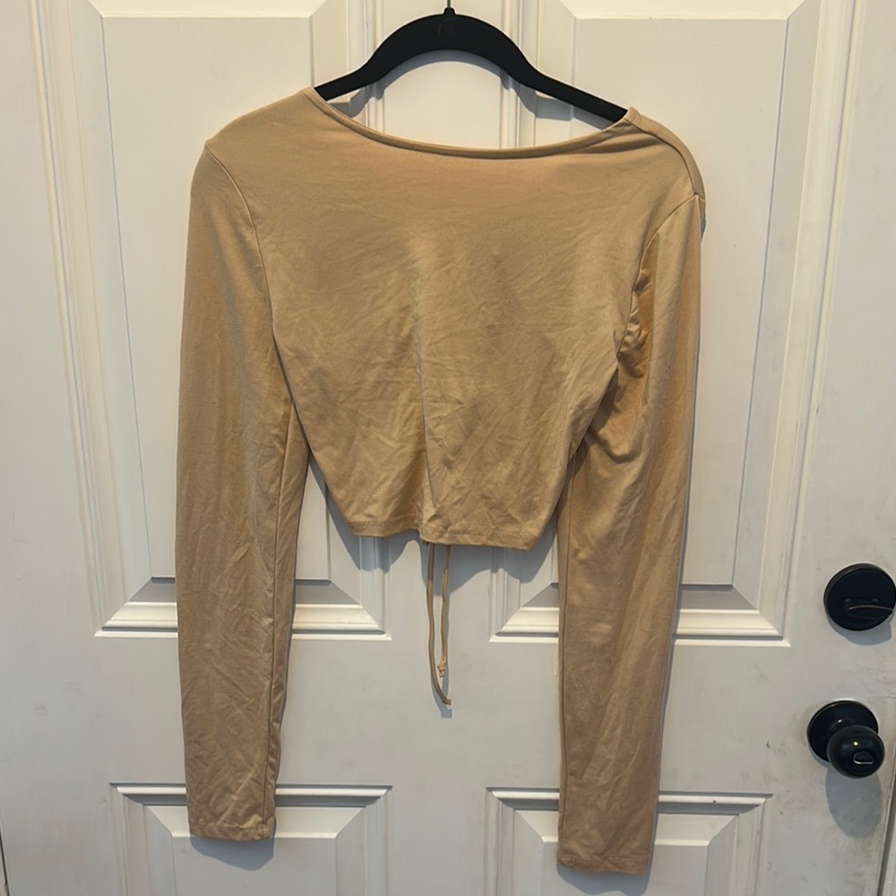 Cream Tie Front Fitted Crop Blouse